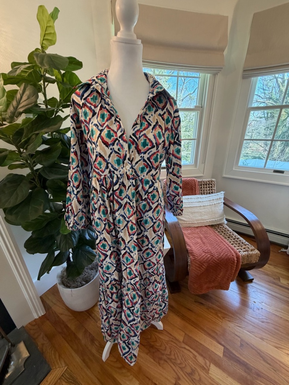 Anthropologie Multicolor Ikat Maxi Dress in Cream, Teal, Coral & Navy